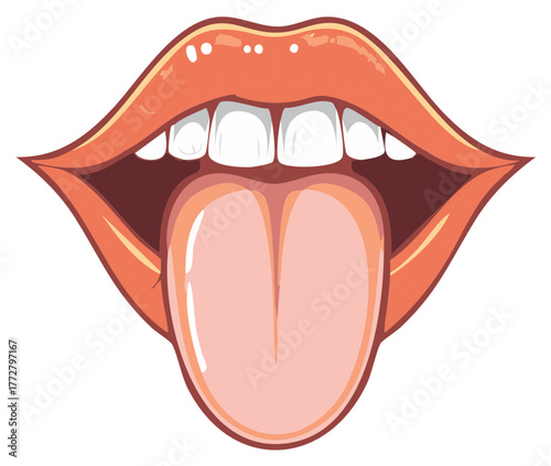 Pop art illustration of an open mouth with glossy orange lips and tongue sticking out