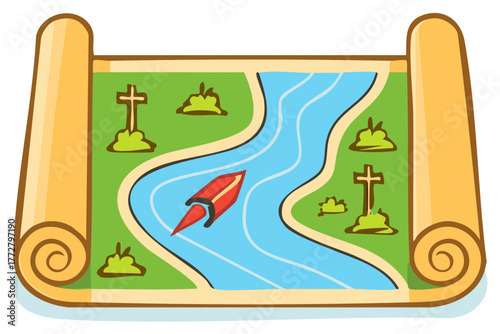 Cartoon treasure map with river, boat, crosses and scrolls, illustration.