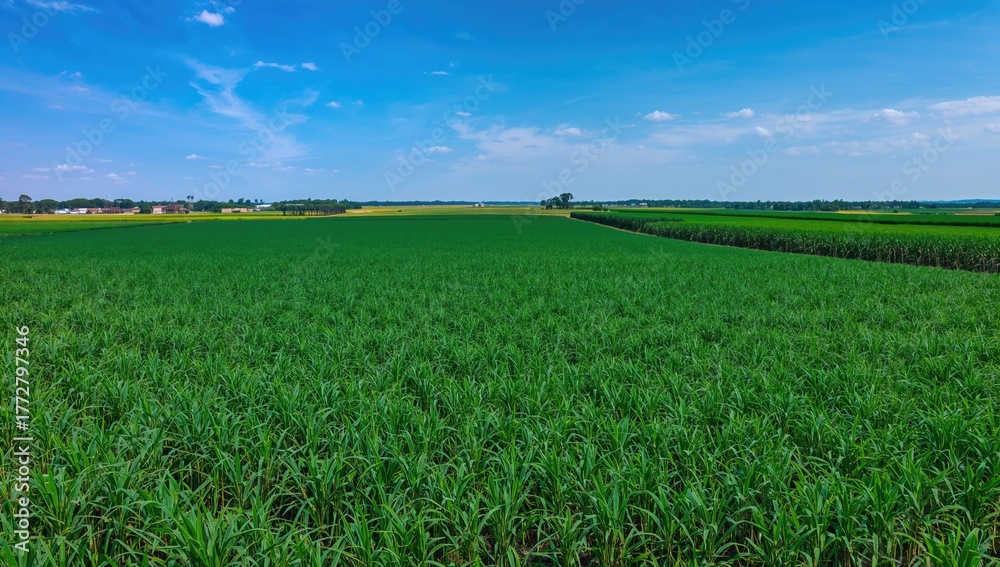 Fototapeta premium Overhead shot of vast sugarcane plantations under a clear sky