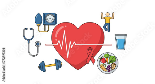 Comprehensive illustration of a healthy lifestyle with heart health, exercise, balanced diet, and medical care elements