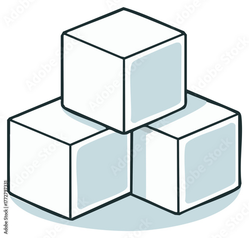 Stack of three white sugar cubes in isometric perspective with blue shaded outlines and shadow