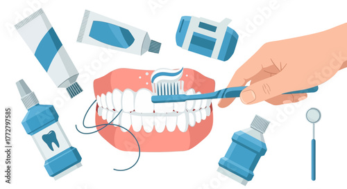 Comprehensive oral care concept showing a hand brushing teeth surrounded by a complete set of dental hygiene products