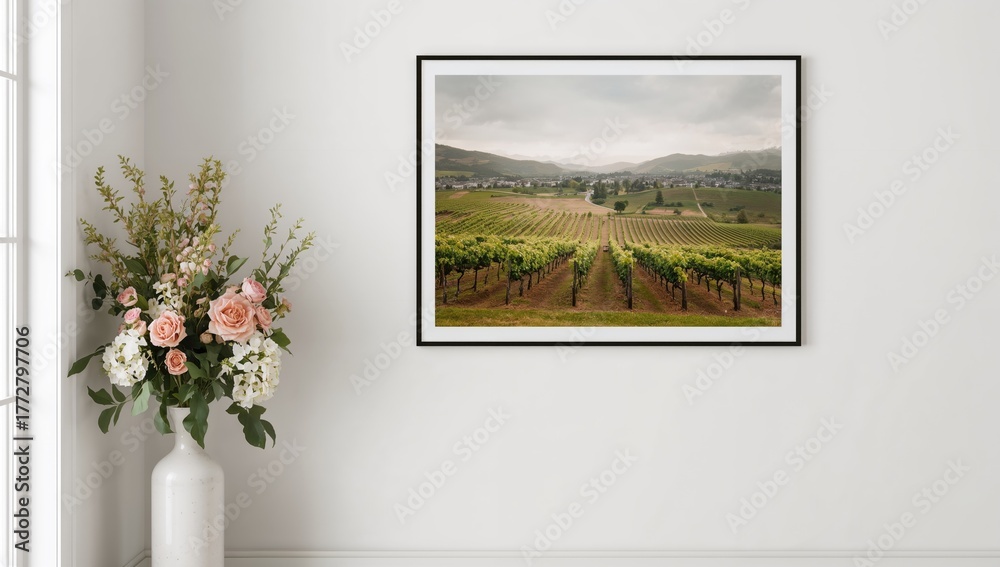 Fototapeta premium Floral decoration alongside a landscape image on a white wall, enhancing vineyard ambiance