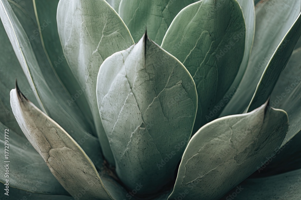 Obraz premium Close-up of a succulent plant's symmetrical, textured leaves in varying shades of green