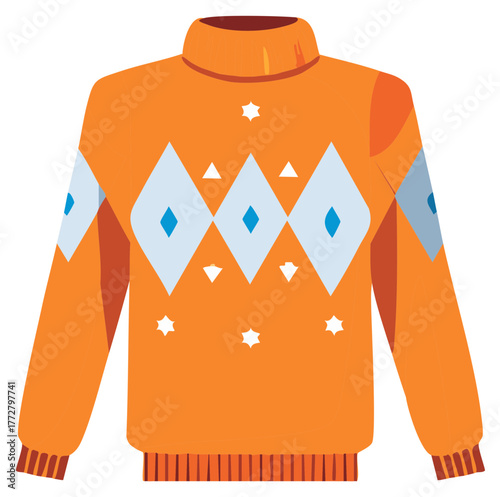 Orange Turtleneck Sweater with Argyle and Geometric Star Shapes Flat Illustration