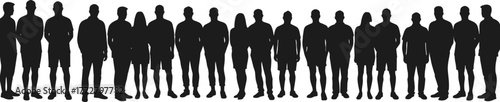 Silhouette group of diverse people standing in line, crowd unity concept, teamwork diversity illustration, anonymous human figures, community togetherness, equality representation, social gathering