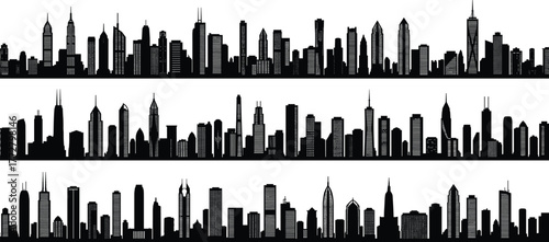 City skyline silhouette, urban skyline vector, skyscraper clipart set, modern architecture design, metropolitan building art, downtown cityscape graphic