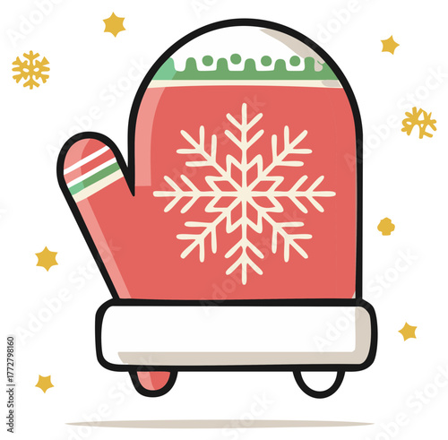 Stylized winter mitten cartoon illustration with snowflake decoration and stars