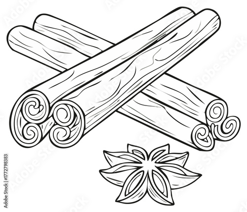 Illustration of cinnamon sticks and star anise, black and white