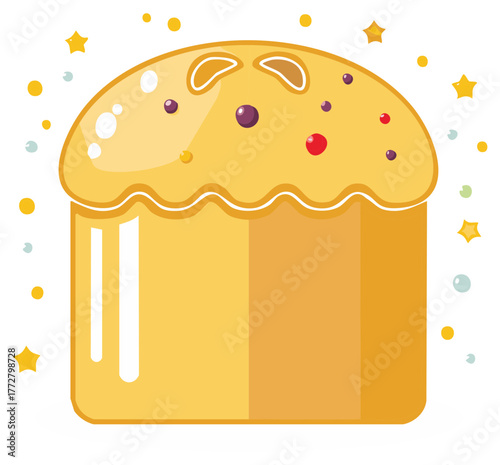Cartoon image of festive cake with frosting, colored sprinkles, stars and dots. Design element for holiday, celebration, greetings