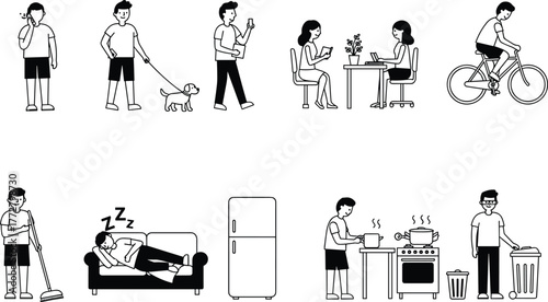 Daily routine cartoon, lifestyle activity illustration, household task vector, modern living clipart set, character design art, everyday habit graphic