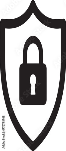 Cyber security shield icon with padlock silhouette symbol. Data protection, privacy lock emblem, antivirus firewall defense, secure login authentication guard vector illustration