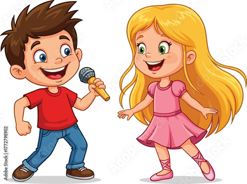 Cartoon kids performing, singing and dancing, microphone, ballet dress, cheerful children, fun activity, talent show, expressive pose, colorful art, joy