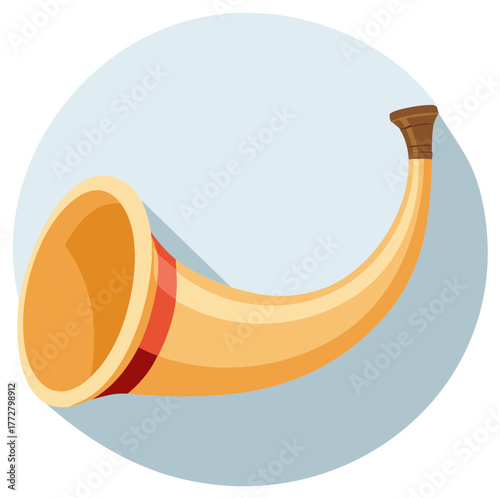 Illustration of a curved animal horn with a red stripe on a light blue circle