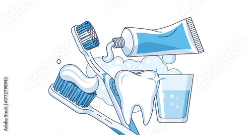 Vibrant Illustration of Daily Oral Hygiene Essentials Toothbrushes, Toothpaste, and a Healthy Tooth for Bright Smiles