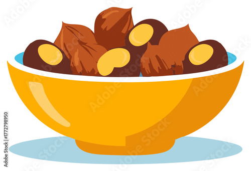 Warm Bowl of Brown Nuts and Candies with Yellow Accents
