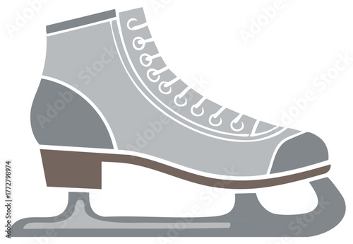 Stylized illustration of a silver figure skate with white laces and a grey blade