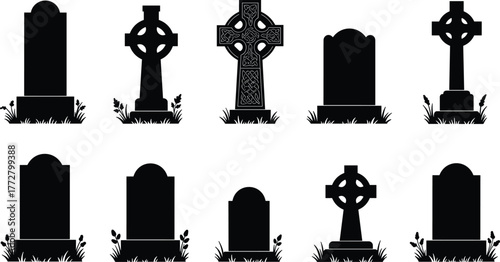 Gravestone silhouette collection, tombstone vector set, cemetery cross design, gothic headstone illustration, spooky graveyard art, Halloween memorial clipart, RIP