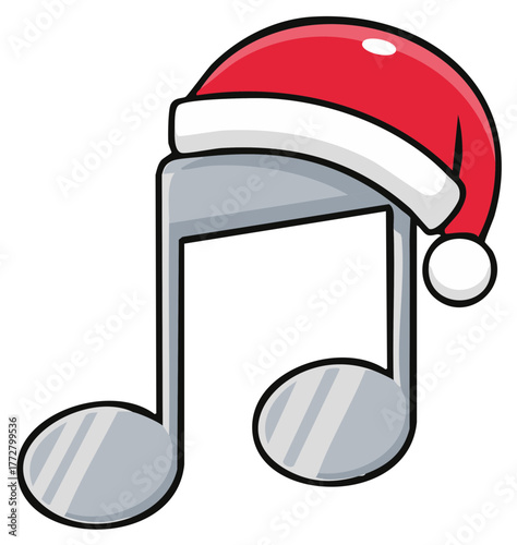 Cartoon musical note wearing a Santa hat for Christmas holiday music and carols
