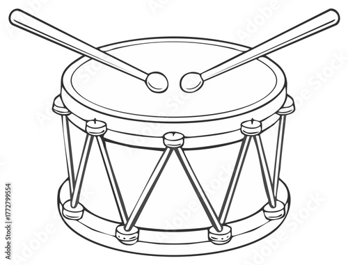Classic snare drum with drumsticks vector line art illustration for a coloring page