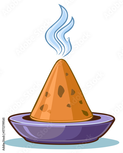 Incense cone emitting fragrant smoke in a decorative dish