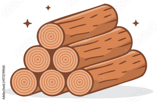 A cute cartoon illustration of a sparkling stack of cut firewood logs with visible tree rings