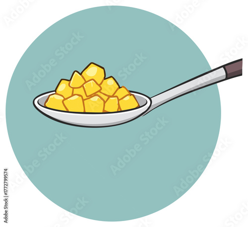 Spoonful of Diced Mango: Isolated Portion of Fresh Tropical Fruit Cubes in Metallic Spoon on Circle Background