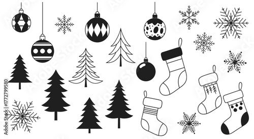 Christmas themed vector graphics featuring ornaments, snowflakes, trees, and stockings in black and white.