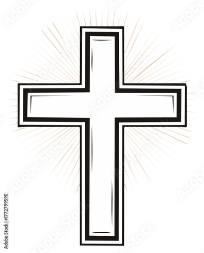 Black and white Christian cross illustration with radiating light rays
