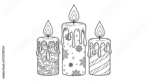 Three lit candles with decorative wax patterns, isolated on white background.