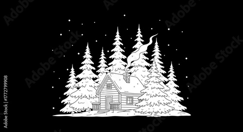 A cozy cabin nestled among snow-covered evergreen trees, smoke rising.