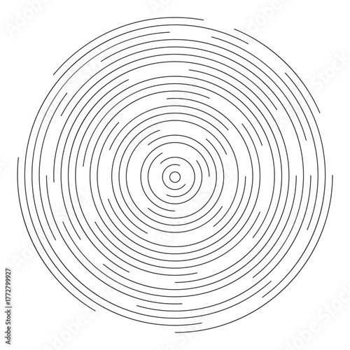 Circular ripple shape. Concentric circles with broken lines isolated on white background. Vortex, vibration, sonar wave, soundwave, sunburst or radio signal sign. Vector graphic illustration