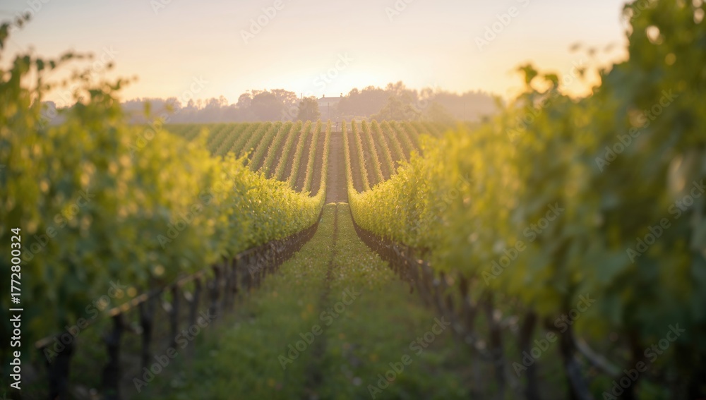 Naklejka premium Blurred view of a vineyard at dawn, highlighting lush green vines in gentle golden light, seasonal change
