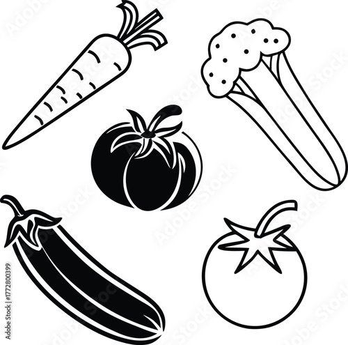 Diverse Organic Vegetables Black & White Vector Icons – Carrot, Tomato, Cucumber, Celery & Eggplant for Food Branding, Menu Design, and Healthy Lifestyle