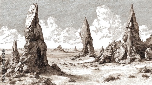 Tall jagged rocks jut from the desert floor casting shadows in the fading light of dusk.