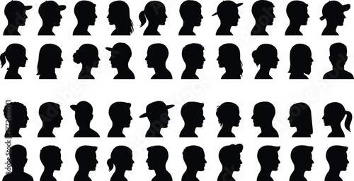 Human head silhouette, male female profile vector, hairstyle clipart set, people avatar design, face outline graphic, character icon illustration