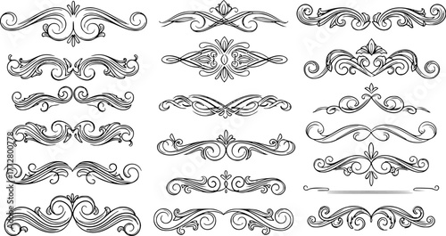 Calligraphic dividers. Decorative retro page divider borders, wedding calligraphic frame and ornamental swirls floral frames. Elegant royal ornamentation vintage vector isolated icons set