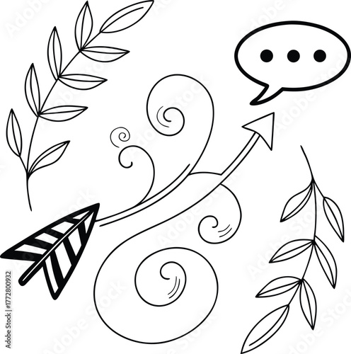 Hand-Drawn Minimalist Vector Line Art – Decorative Arrow, Botanical Branches, and Curly Flourishes for Business Growth, Design, and Organic Projects