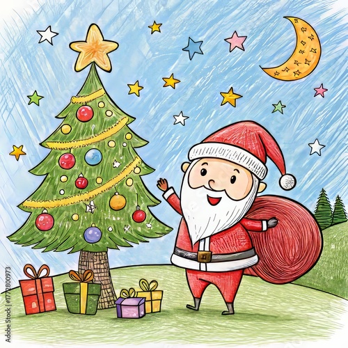 Naive Holiday Drawing – Child’s Perspective on Santa, Gifts, and Festive Excitement