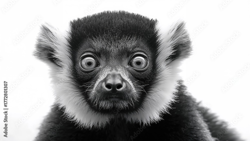 Naklejka premium Close-up of a black and white ruffed lemur's face, highlighting its endangered status, suitable for editorial use