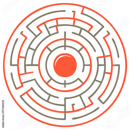 Round labyrinth puzzle with a red line showing the solution path to the center goal