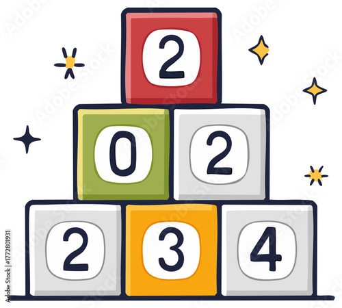 Colorful number blocks forming years 2022 2023 2024 with playful star symbols
