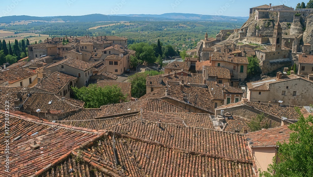 Obraz premium Ancient medieval hill town perched on tuff stone cliffs overlooking a river, showcasing Etruscan legacy.