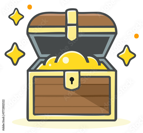 Cartoon wooden treasure chest full of gold coins and shining stars vector illustration