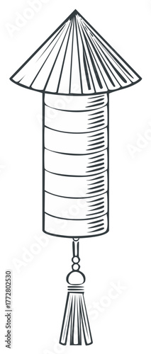 Stylized traditional Asian conical lantern outline illustration with decorative tassel