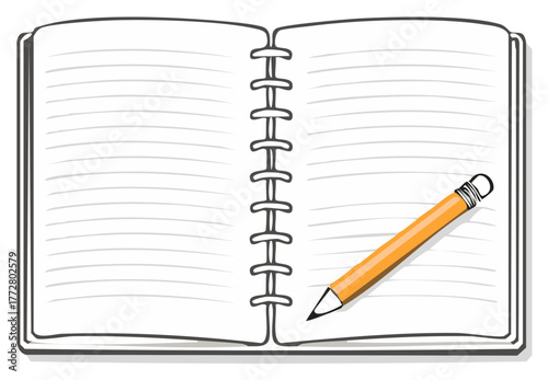 Open Notebook with Lined Pages and Yellow Pencil for Writing or Drawing
