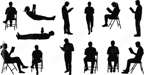 Reading silhouette vector, people reading book clipart, study posture design, student lifestyle art, education activity graphic, learning illustration set