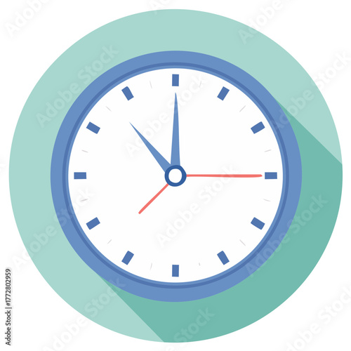 Modern flat design analog clock icon showing time with blue hands and red second hand