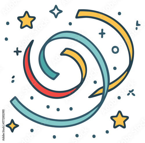 Colorful Swirling Party Streamers and Stars Confetti Doodle Illustration