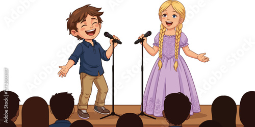 Children singing on stage, microphone performance, talent show, school event, expressive kids, floral dress, joyful moment, audience, fun, spotlight